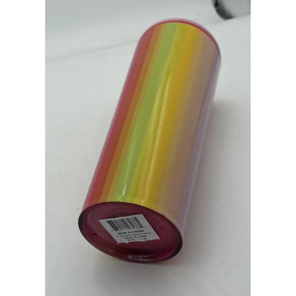 Starbucks Rainbow Stripe Cold Cup Tumbler 24oz Reusable Cup with Straw .